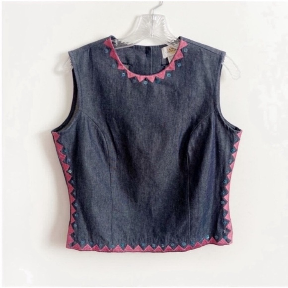 Sandy Starkman Tops - Sandy Starkman top blue denim embroidered sequins art to wear sleeveless